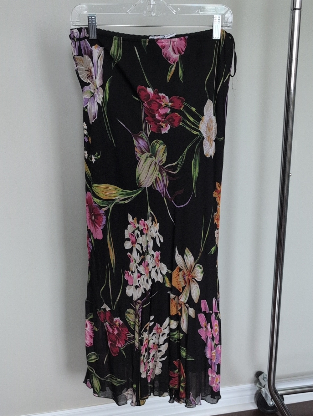 Black Floral Skirt with Pink & Green Blooms